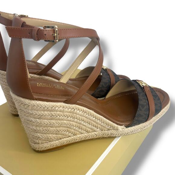 Michael Kors Logo Wedges Size 9 Mandy Strappy Brown Espadrille Ankle Strap EUC - Picture 14 of 15
